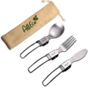 posate per campeggio ecosostenibili : forchetta, coltello e cucchiaio con custodia in cotone